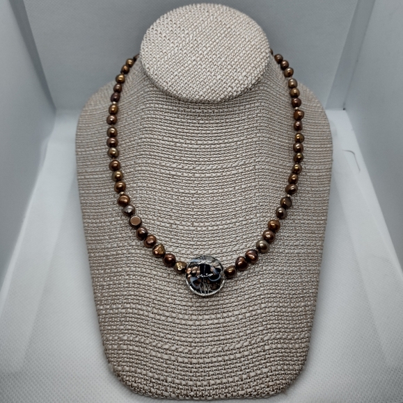 Luc 925 Brown Pearl Necklace with Glass Pendant - Picture 1 of 8